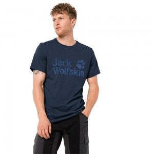 Koszulki Męskie Jack Wolfskin Brand Logo Niebieskie | ZG0491357