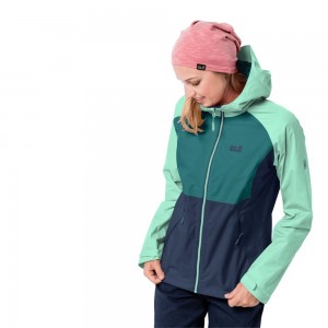 Kurtka Przeciwdeszczowa Damskie Jack Wolfskin Mount Isa Ciemny Indygo Turkusowe Zielone | OX1258960